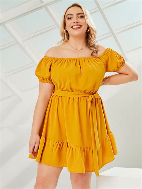 SHEIN Plus Off Shoulder Ruched Bust Ruffle Hem Belted Dress | Yellow ...