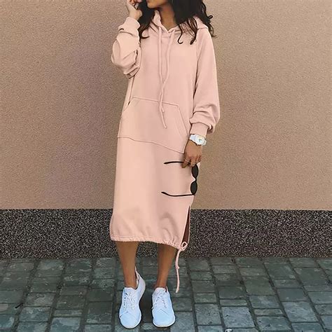 Hooded Sweatshirt Dress for Women Casual Loose Long Sleeve Lace Up ...