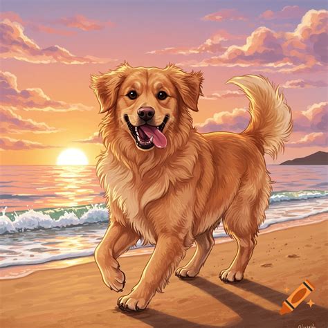 A golden retriever running on a beach at sunset. on Craiyon