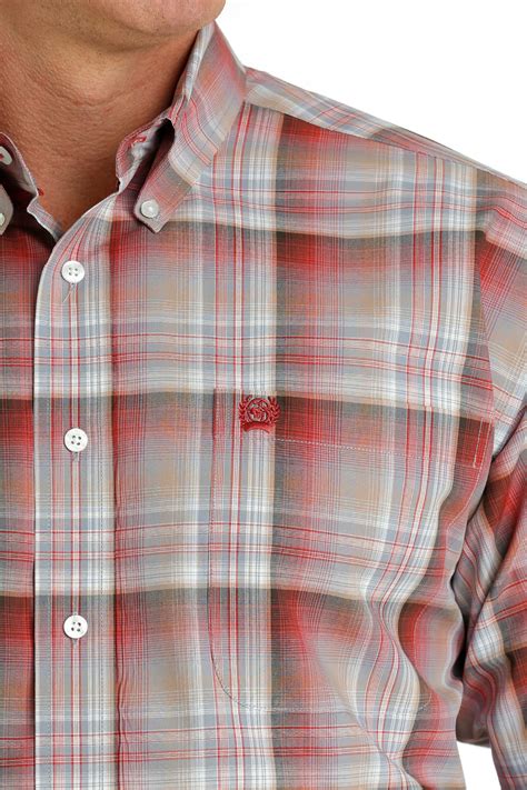 CINCH MENS LONG SLEEVE RED AND GREY PLAID SHIRT - Bony Pony
