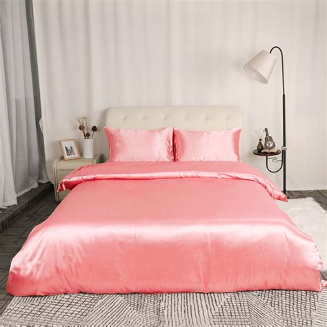 Satin Silk Comforter Duvet Cover Pillowcases Bedding Set Pink King ...