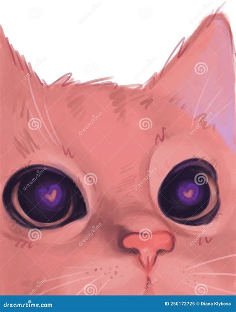 Cute Pink Cat with Heart in Eyes. Digital Cat Art Illustration on ...