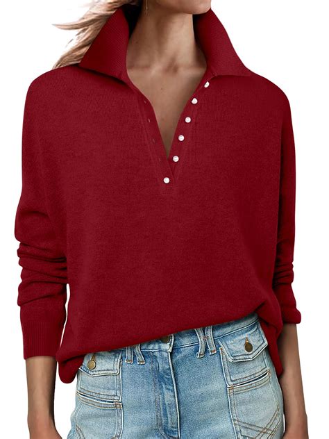 ANRABESS Womens Long Sleeve Polo Sweaters Knit Button Shirt Lightweight ...