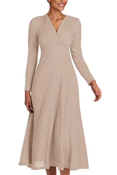 PRETTYGARDEN Womens 2024 Fall Long Sleeve V Neck A Line Flowy Midi ...