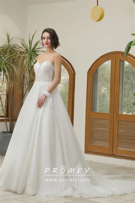 Glitter Tulle & Lace Sheer Sleeves Princess Wedding Gown - Promfy