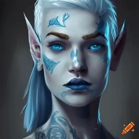 RPG character portrait of a pale-skinned elven with white hair and a blue face tattoo on Craiyon