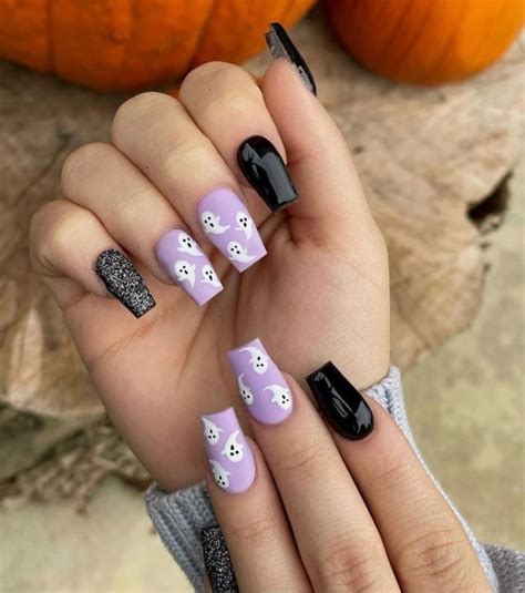 Halloween Black and Purple Nails Design Ghost Nails Press on Nails Fake ...
