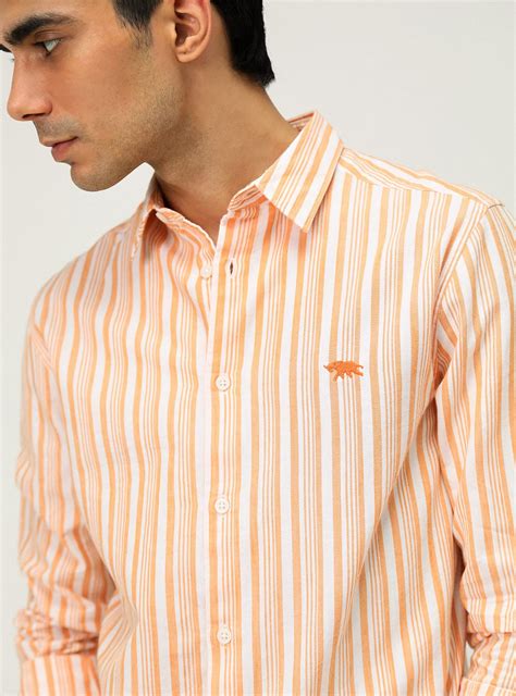 Mandarin Stripe Shirt Casual Orange Stripe Shirt for Men Online | Andamen
