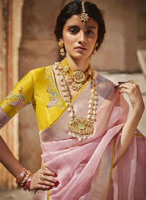 Pink Art Silk Saree: Lemon Yellow Border, Gold Zari Embroidery - Etsy ...