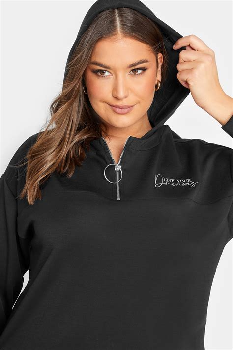 Plus Size Black 'Live Your Dreams' Zip Detail Hoodie | Yours Clothing