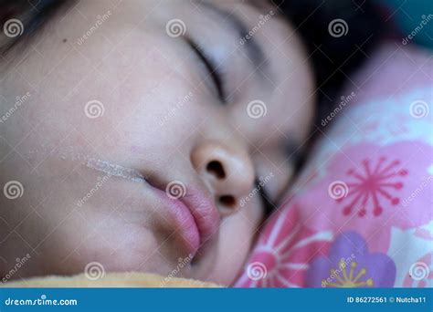 Little Girl Sleep Drooling in Bedroom, Close Up Concept. Stock Image ...