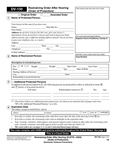 DV-130 Restraining Order After Hearing (Order of Protection). Fillable.