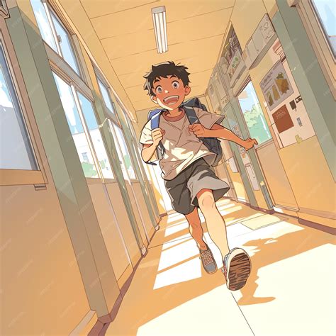 Premium Photo | A boy running through the hall way anime style
