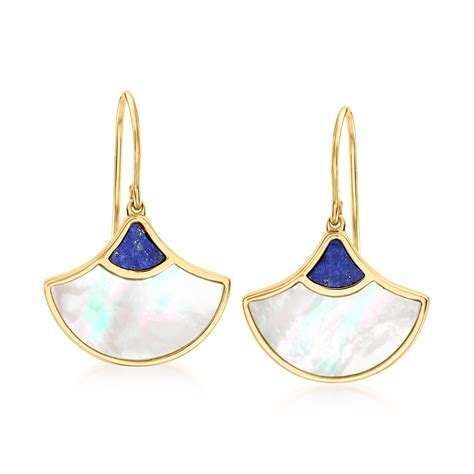 Ross-Simons Mother-Of-Pearl and Lapis Fan Drop Earrings in 18kt Gold Over Sterling, Women's ...