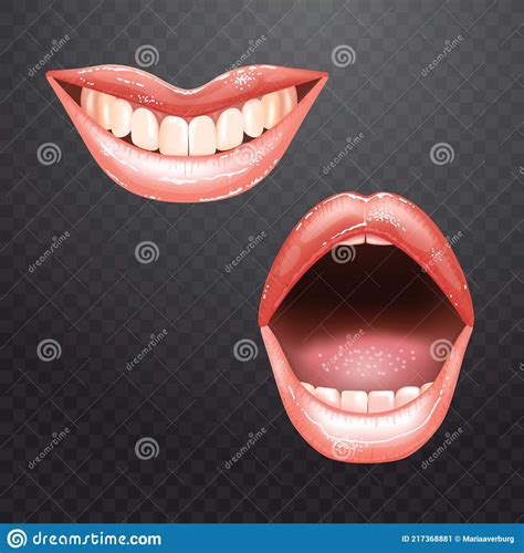 2 Shining Beautiful Female Nude Lips with Teeth for Different Designs. Pink Lipstick Color Stock ...