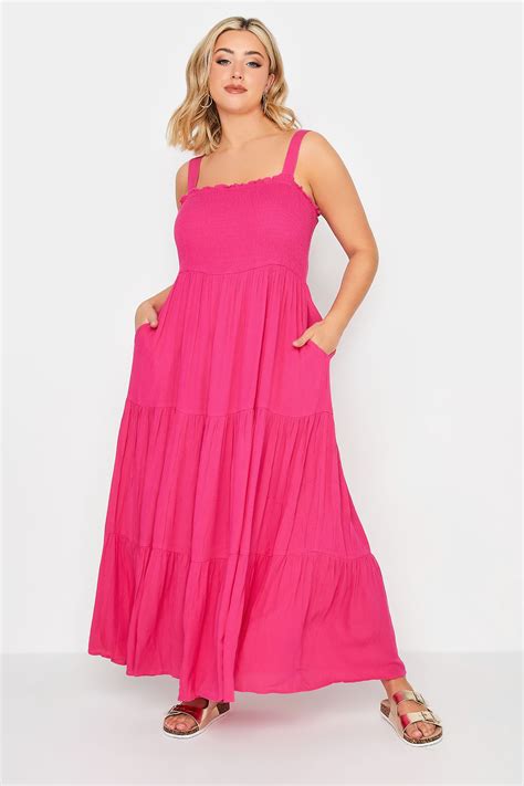 YOURS Plus Size Hot Pink Shirred Strappy Sundress | Yours Clothing