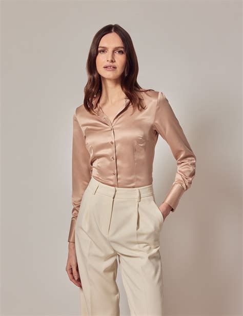 Women's Taupe Fitted Satin Shirt - Single Cuffs | Hawes & Curtis