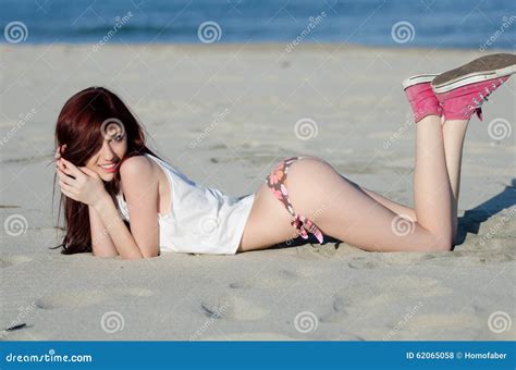 Slim Young Red Hair Woman Wearing Bottom Bikini and Shirt Stock Photo ...