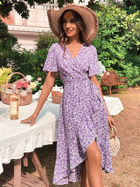 Ruffle Hem Allover Floral Wrap Dress | Purple dress casual, Flower ...