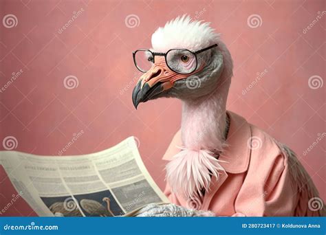 A Very Old Flamingo Wearing Glasses and Reading Newspaper, Created with Generative AI Technology ...