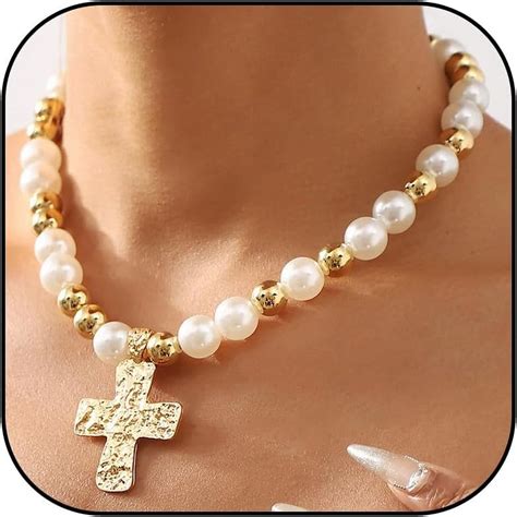 Pearl Cross Necklace Layered Pearl Cross Necklaces For Women Chunky ...