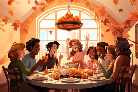 Illustration of Happy Friends Enjoying Thanksgiving Lunch at Home ...
