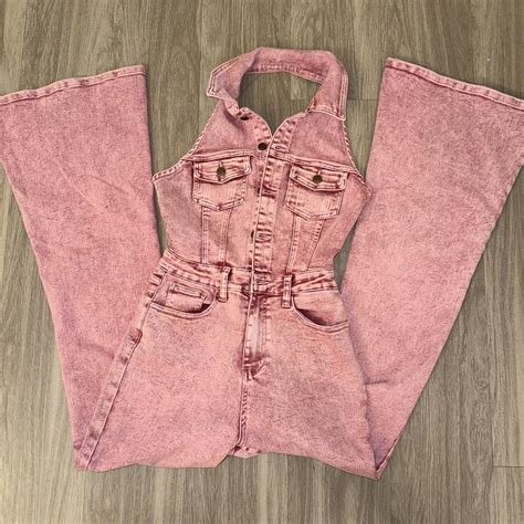 70s style pink denim jumpsuit - perfect for a boho... - Depop