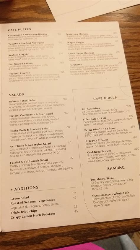 Menu at PROUD MARY restaurant, Johannesburg, The Bank