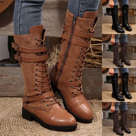 SKIYLEVZ Knee-High Boots for Women Combat Boots Winter Cold Weather ...
