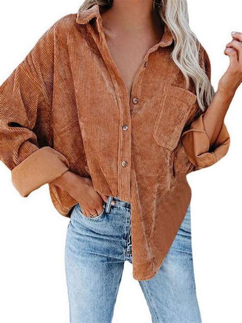 Naturalour Womens Corduroy Shirt Jacket Button Down Long Sleeve Blouses ...