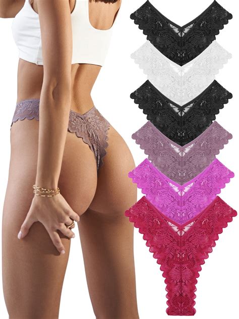 FINETOO 6 Pack Lace Underwear For Women Invisible High Waist Thongs V ...
