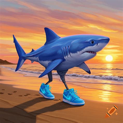 Blue shark wearing blue Nike shoes walking on a beach with three feet ...
