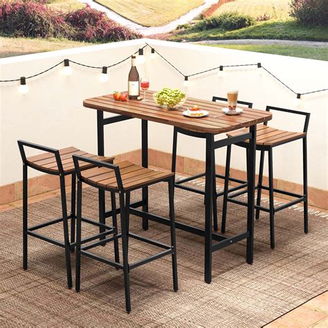 17 Stories 5 Pcs Acacia Wood Bar Table Set Outdoor Bar Height Table ...