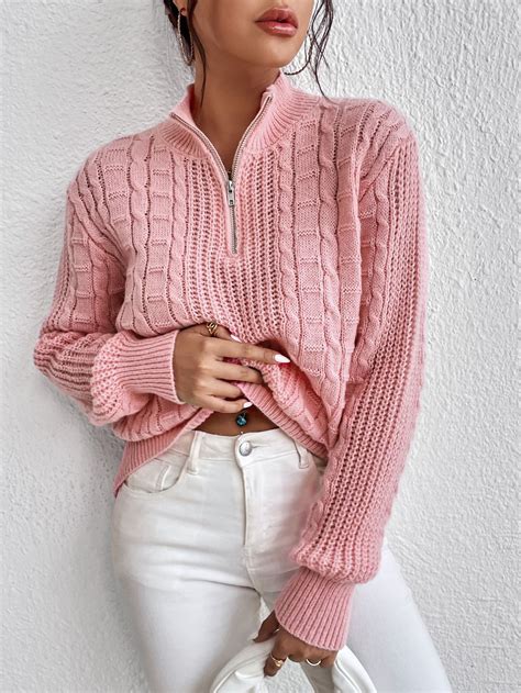 Half Zipper Cable Knit Drop Shoulder Jumper | Cable knit sweater outfit ...