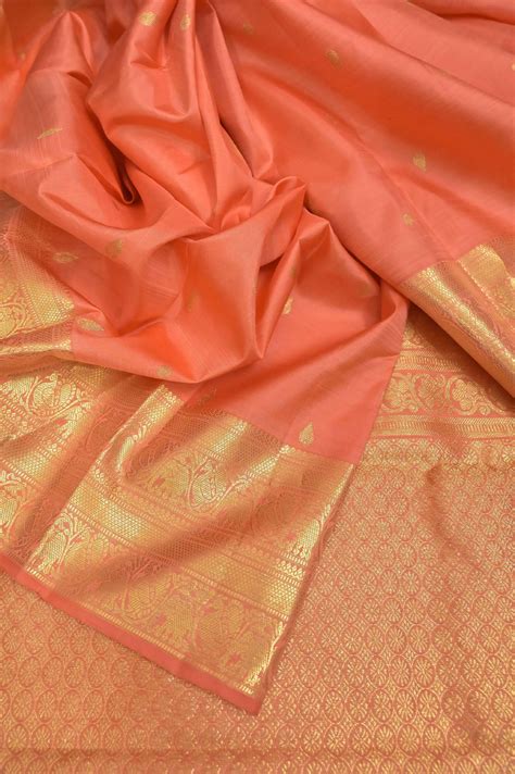 Buy Peach Orange Color Kanjeevaram Silk with Double Pett and Double ...