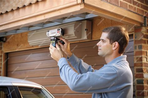 Technician Installing Garage Door Opener Adjusting Motor Mechanism with ...