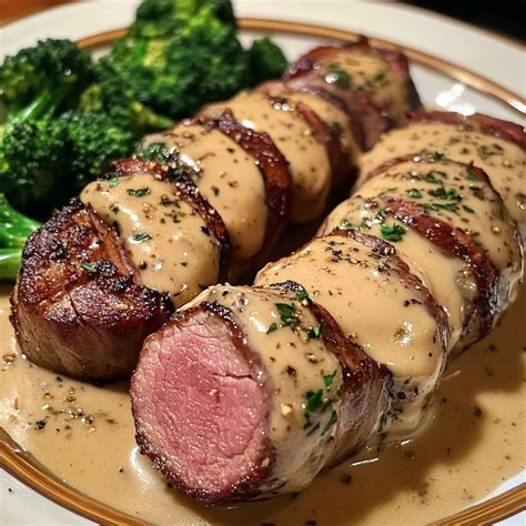 Bacon-Wrapped Venison Tenderloin with Garlic Cream Sauce