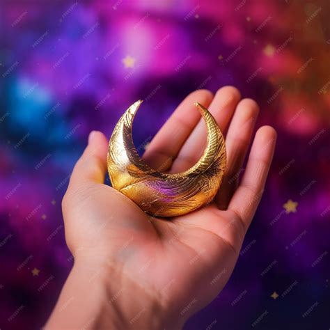 Premium AI Image | Metallic crescent moon in the palm of a hand islamic ...