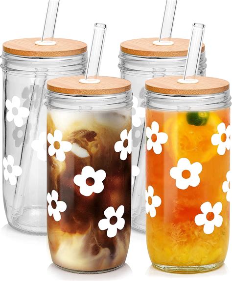 Amazon.com: ANOTION Cute Glass Cups with Lids and Straws, Mason Jars with Flower Design, Bamboo ...