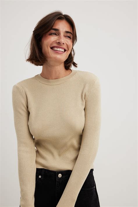 Ribbed Knitted Round Neck Sweater Beige | NA-KD
