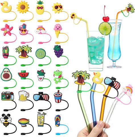 Amazon.com: 24 Pcs Straw Covers Caps Reusable Silicone Straw Toppers Cute Straw Tips Lids Splash ...