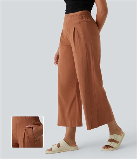 Women's High Waisted Pockets Hem Wide Leg Palazzo Capri Casual Linen ...