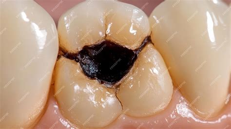 Detailed close up of tooth cavity from caries dental decay for ...