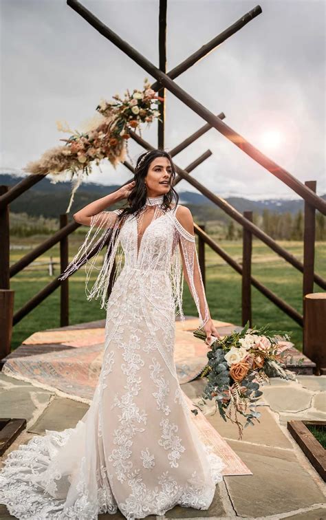Earthy Bohemian Wedding Dress with Floral Lace | All Who Wander Wedding Dresses