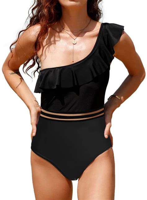 Jusfitsu Womens One Shoulder Swimsuits Ruffle One Piece Bathing Suits ...