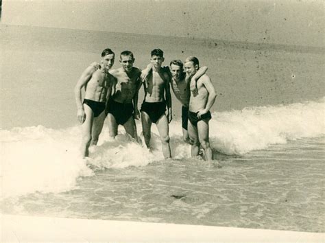 1950s Handsome nude muscular men jock beach athlete trunks hug torso ...