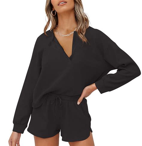 Lingswallow Women Waffle Lounge Sets - Long Sleeve and Shorts Pajama ...