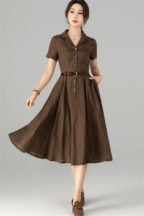 Elegant Brown Button-up Linen Dress, Women’s Linen Midi Dress, Spring ...