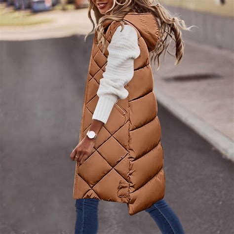 Jacenvly Winter Women's Long Down Vest Zipper Puffer Ladies Warm Pocket ...