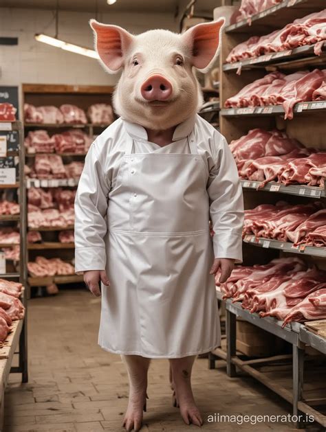 Pig Butcher in Elegant White Dress and Leather Suit at Meat Store | AI ...